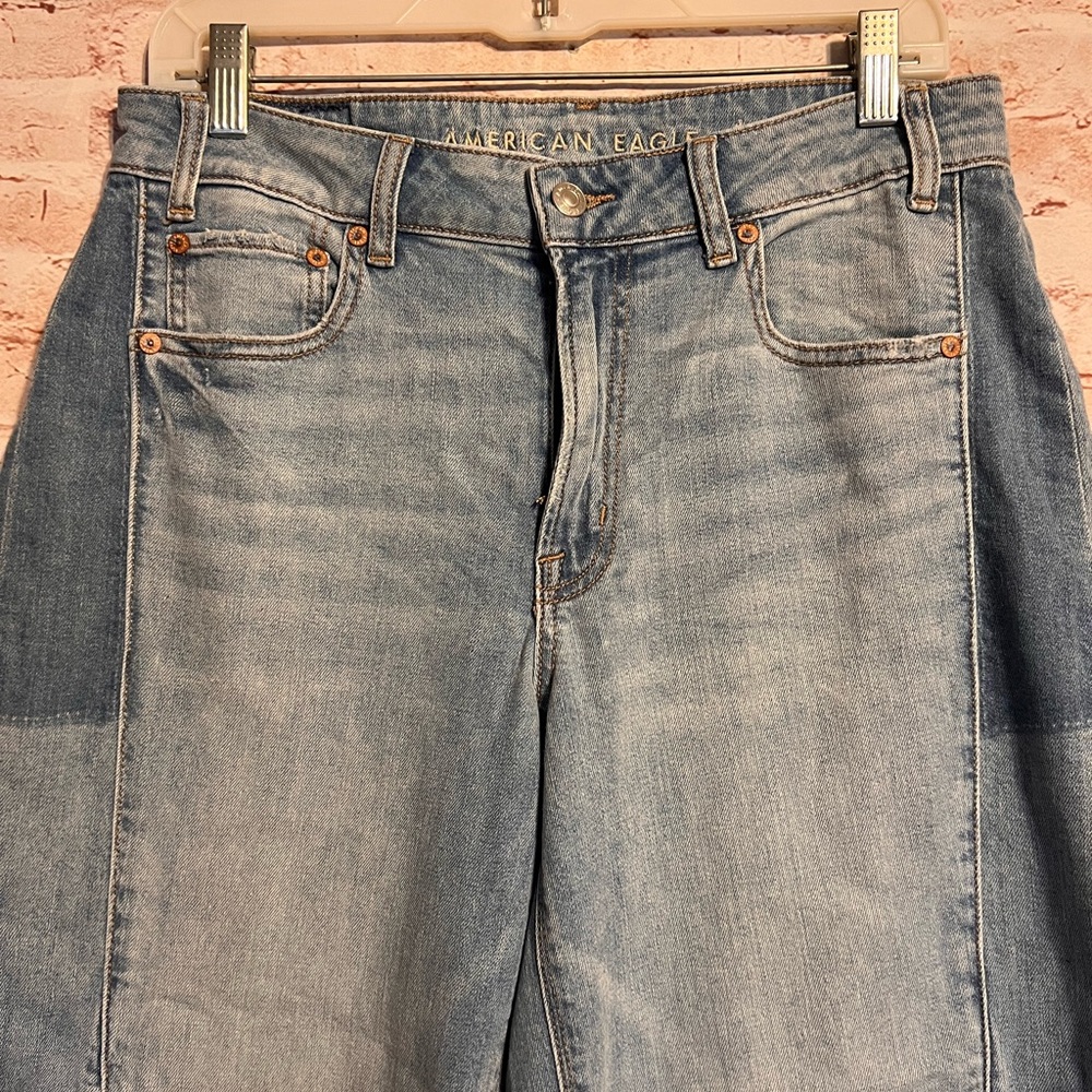 American Eagle low rise baggy stretch wide leg patchwork jeans size 8 short. - Picture 9 of 12